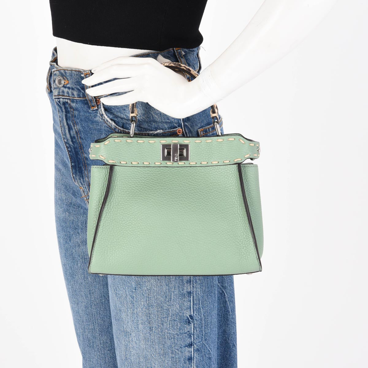 Fendi Mint Selleria Calfskin & Snakeskin Peekaboo Mini Bag