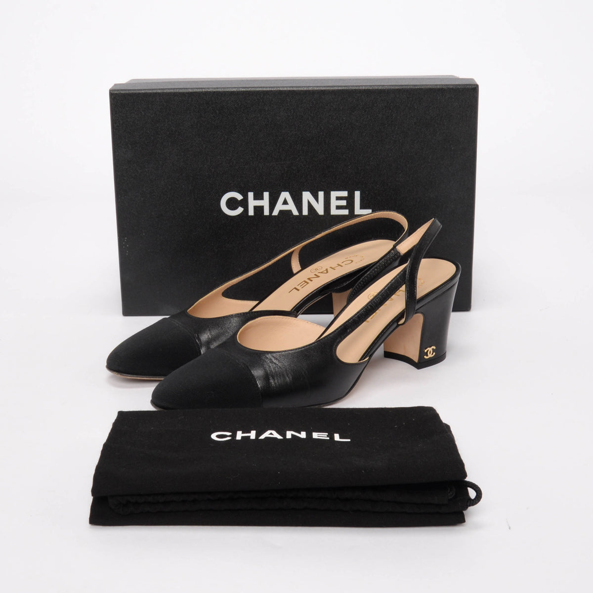 Chanel Black Lambskin & Grosgrain Slingback Pumps 38