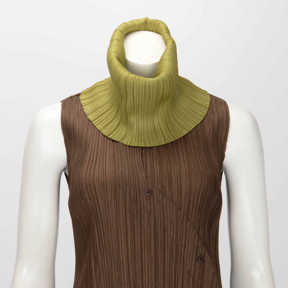 Pleats Please Green & Brown Pleated Collared Dress