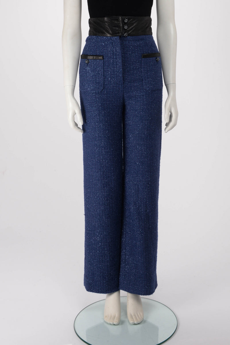 Chanel Blue Glitter Tweed & Leather Wide Leg Pants FR 34