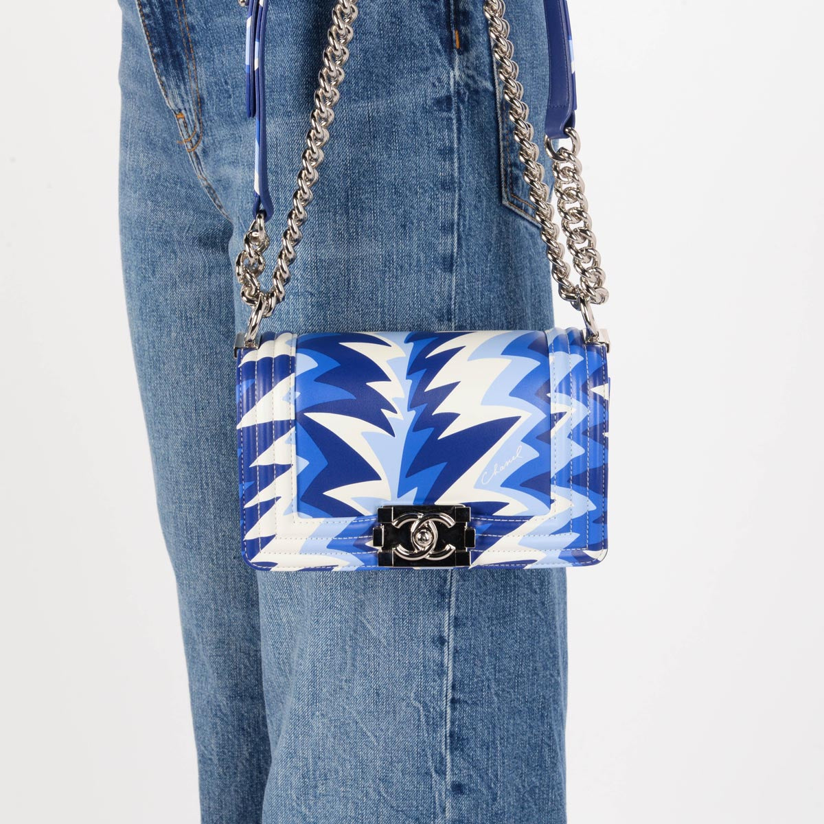 Chanel Blue Printed Calfskin Small Boy Bag