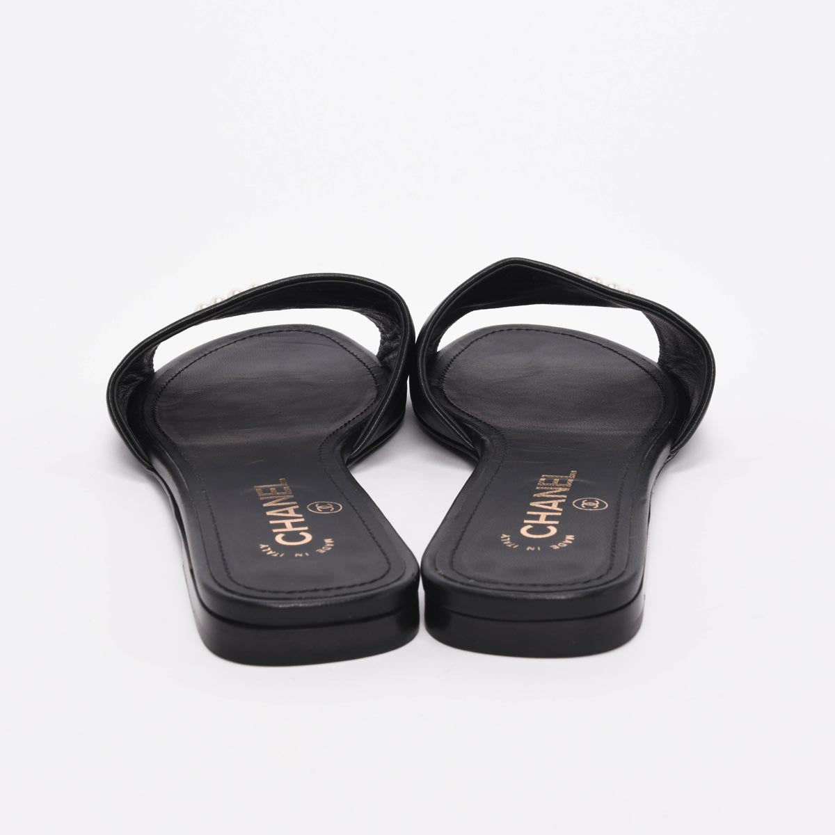 Chanel Black Lambskin CC Pearl Slides 38.5
