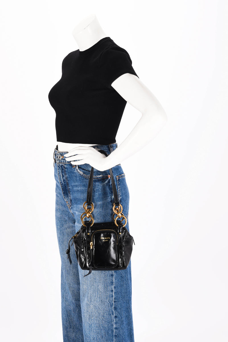 Prada Black Distressed Leather Dangle Mini Bag