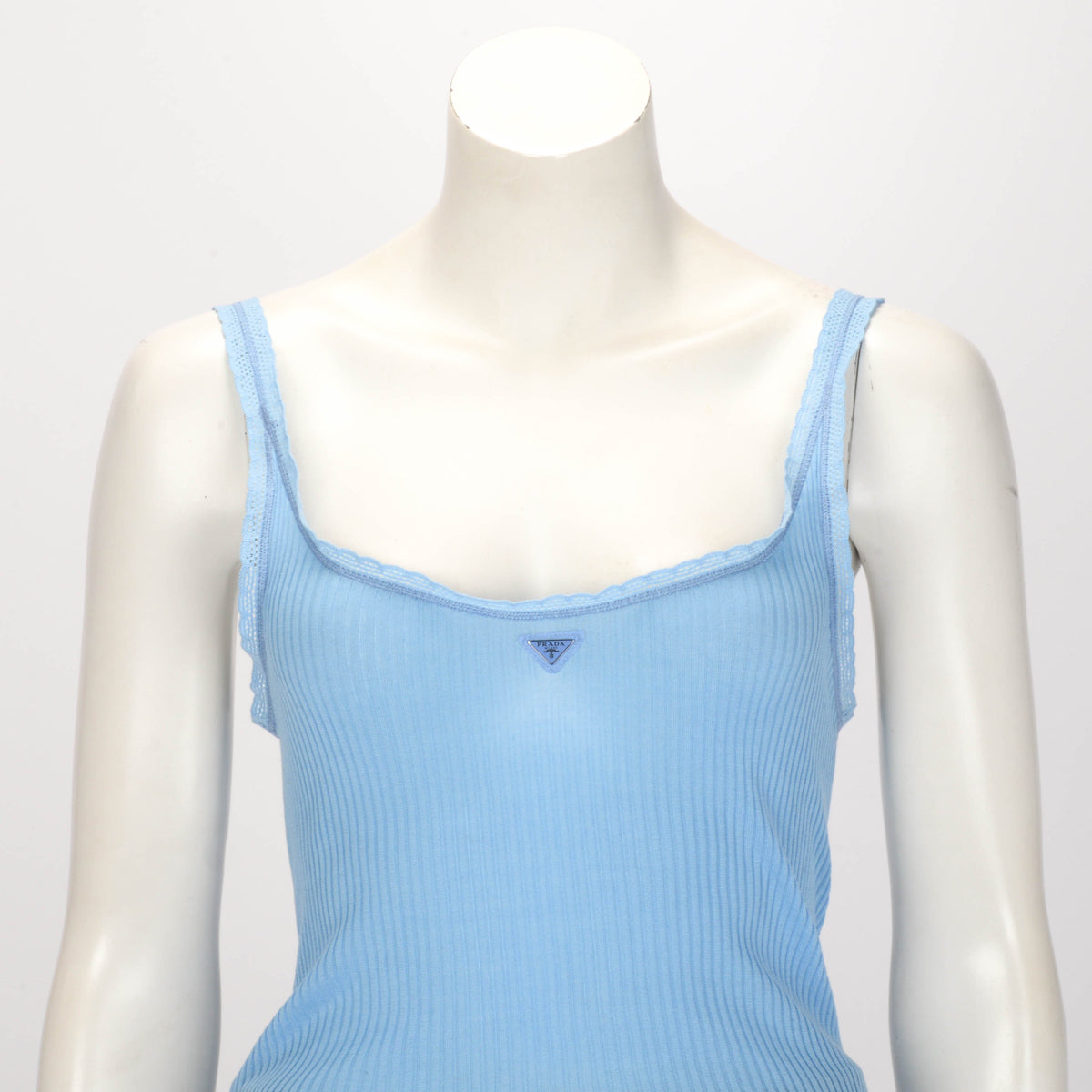 Prada Blue Ribbed Knit Lace Trim Logo Singlet IT 44