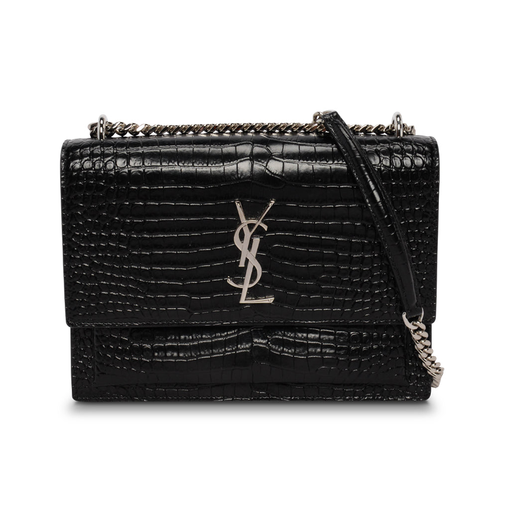 Saint Laurent Black Croc Embossed Medium Sunset Bag