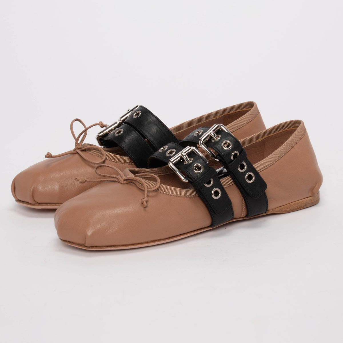 Miu Miu Nude Lambskin Ribbon Buckle Ballet Flats 37