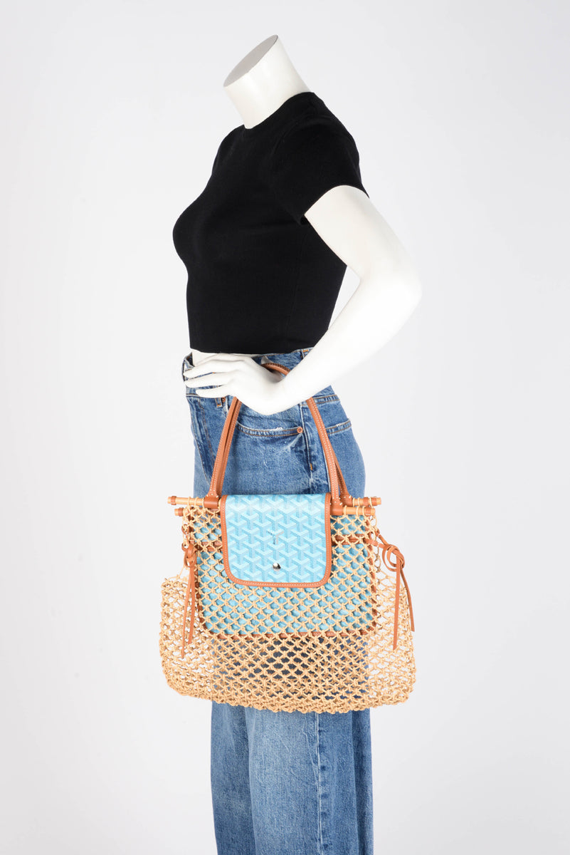 Goyard Turquoise Goyardine Canvas & Raffia Mesh Aligre Tote