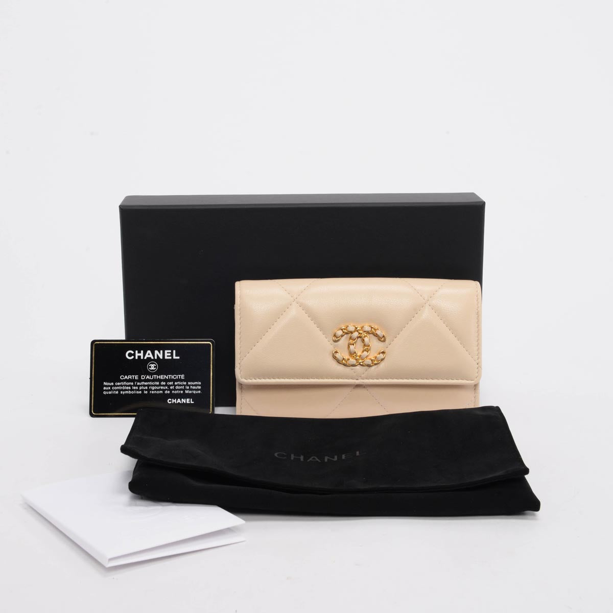 Chanel Beige Quilted Goatskin 19 Flap Wallet