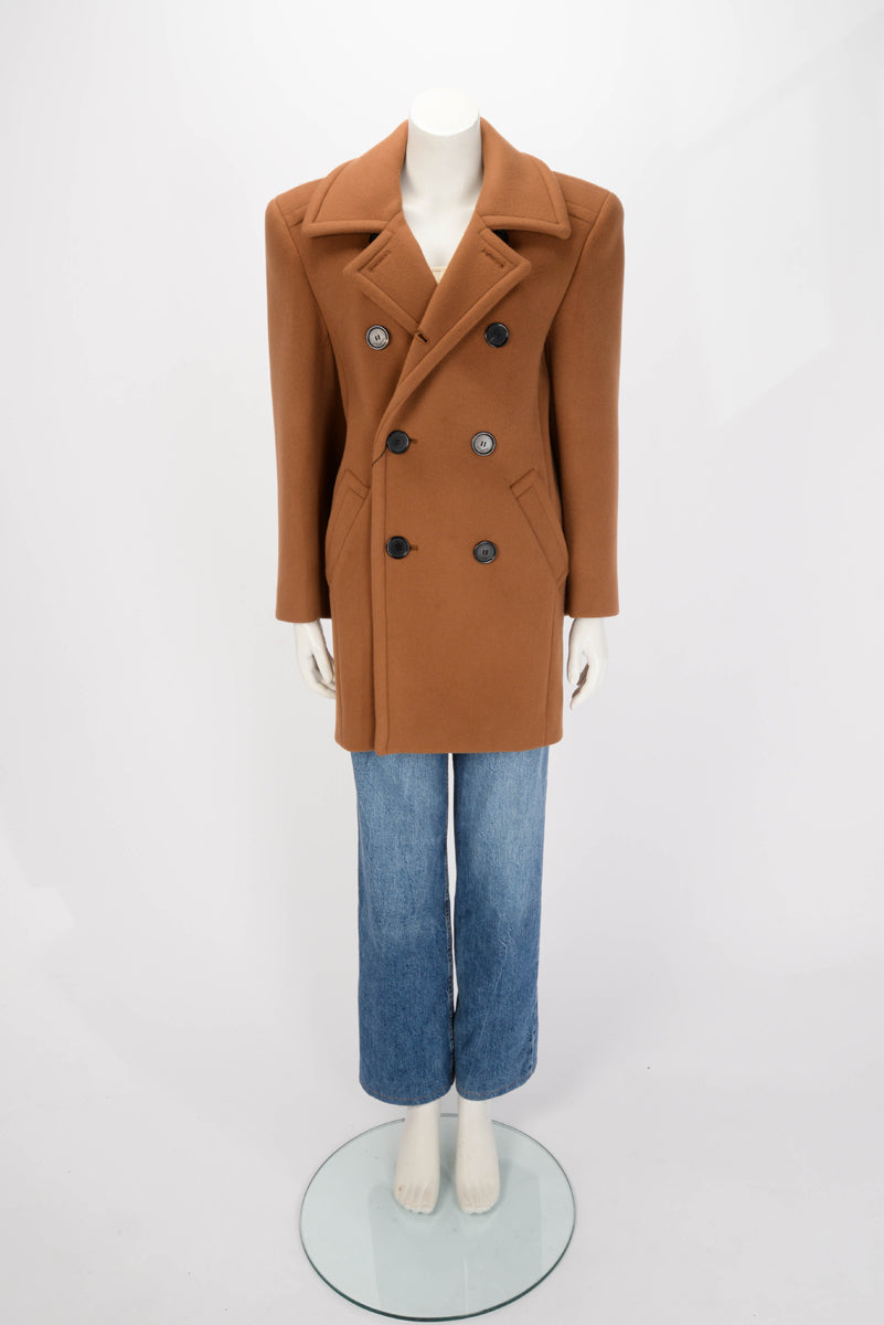 Saint Laurent Camel Wool Double Breasted Coat FR 38