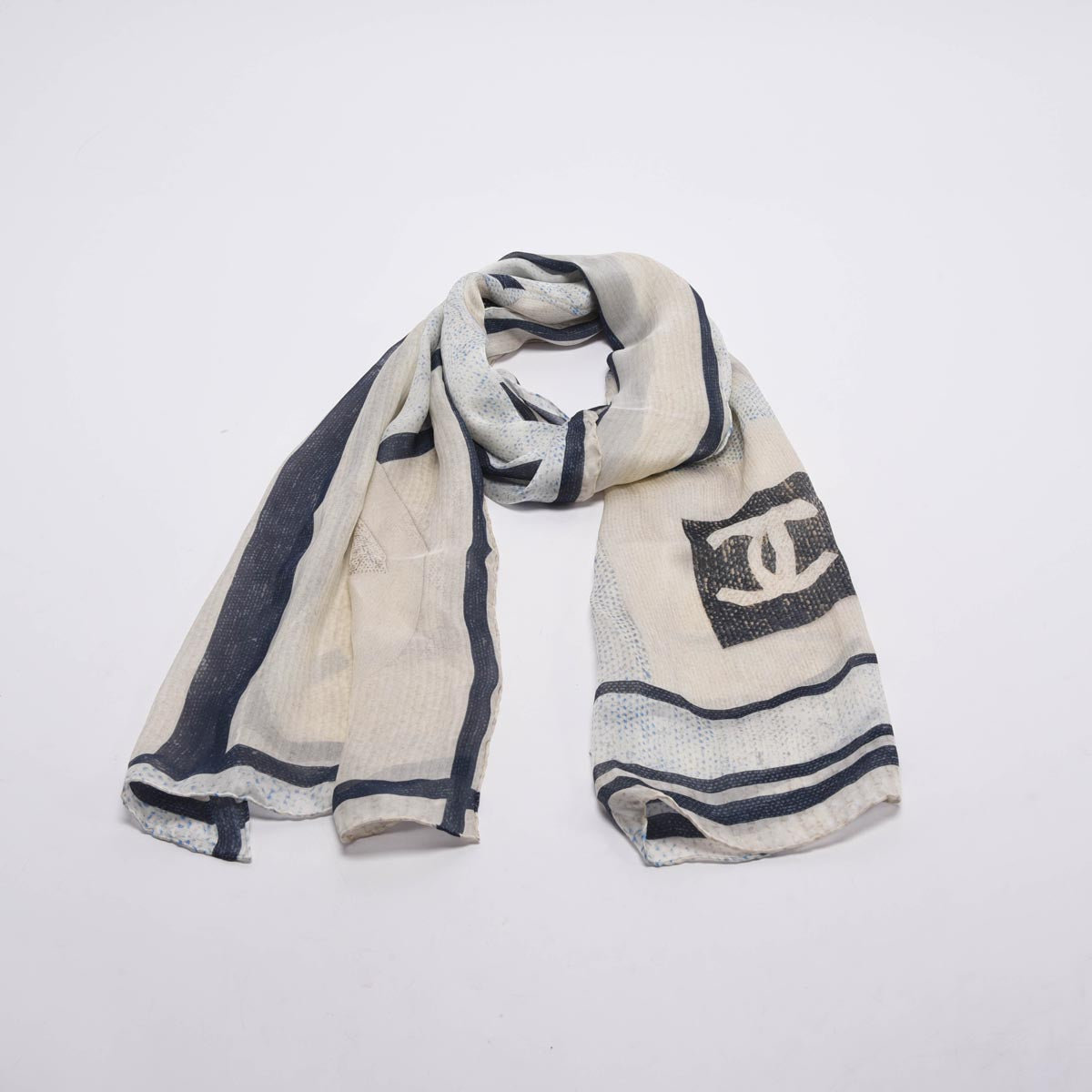 Chanel Cream & Blue Silk Chiffon CC Camellia Scarf