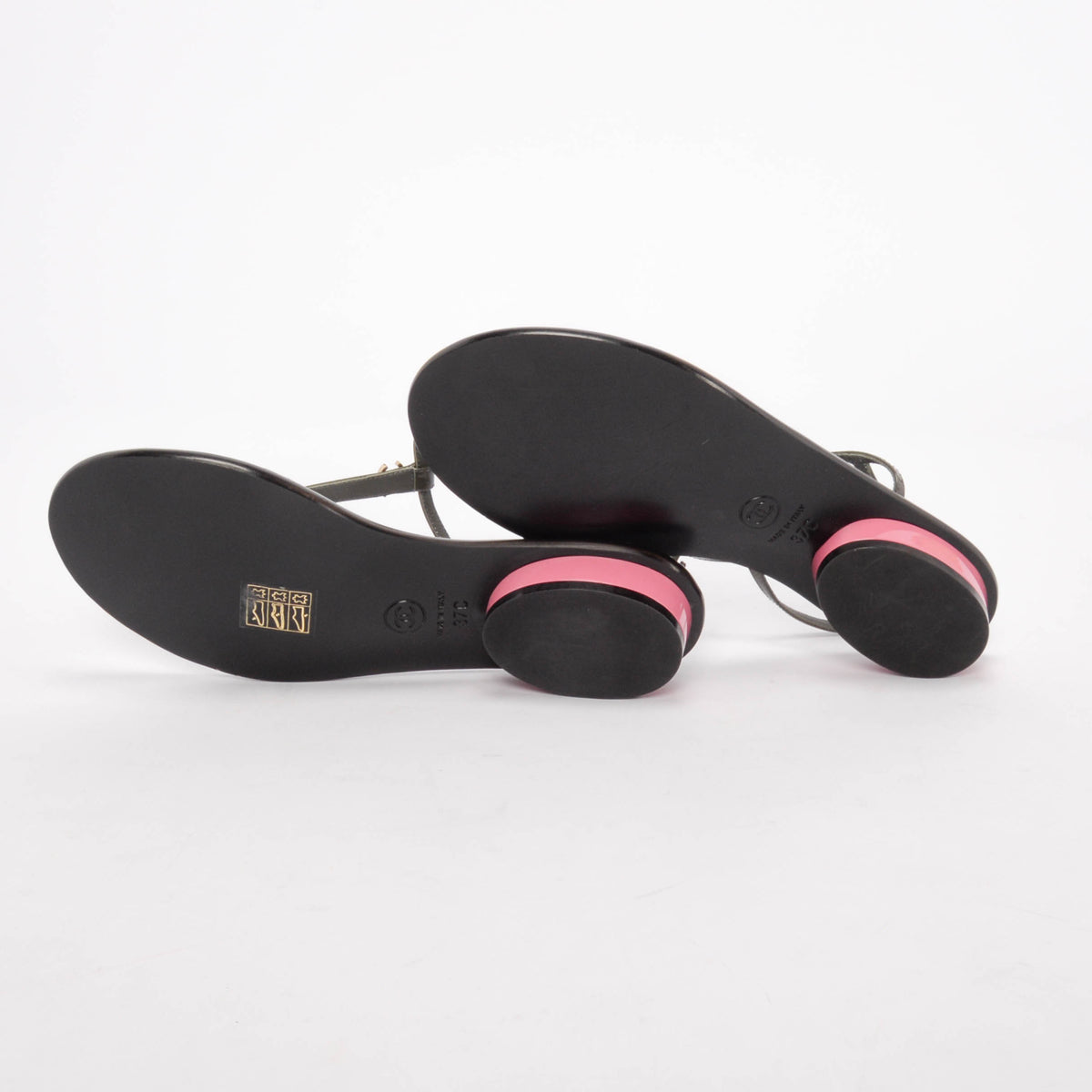 Chanel Khaki & Pink Patent CC Thong Sandals 37