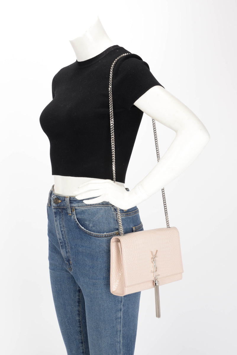 Saint Laurent Light Beige Croc Embossed Medium Kate Tassel Bag