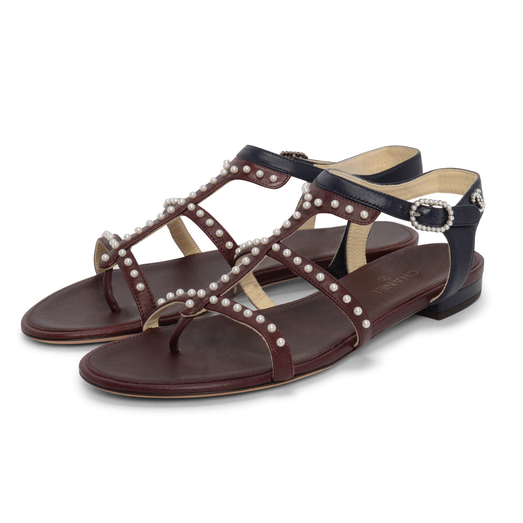 Chanel Burgundy & Navy Lambskin & Pearl Caged Sandals 37