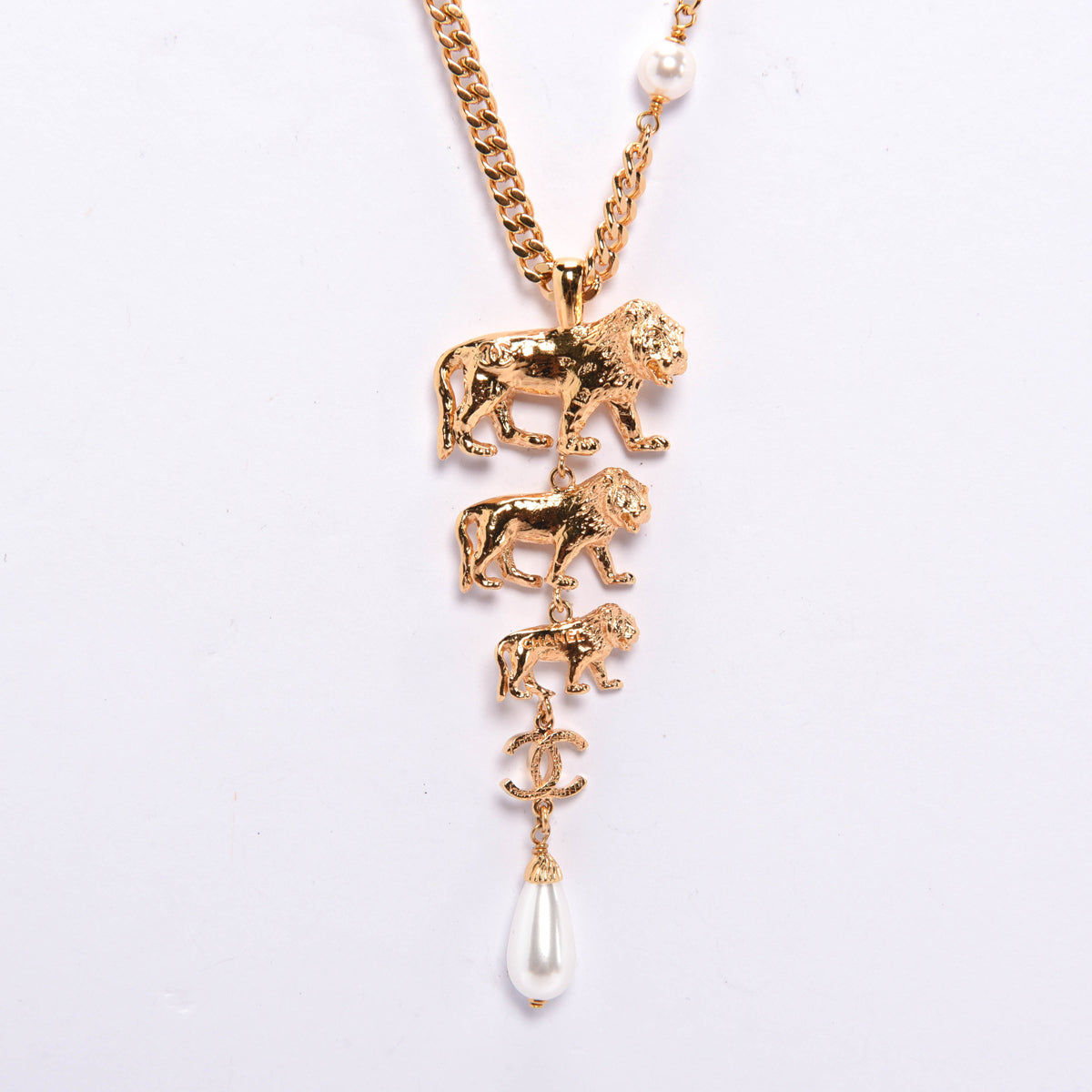 Chanel Gold Pearl 3 Lions CC Necklace
