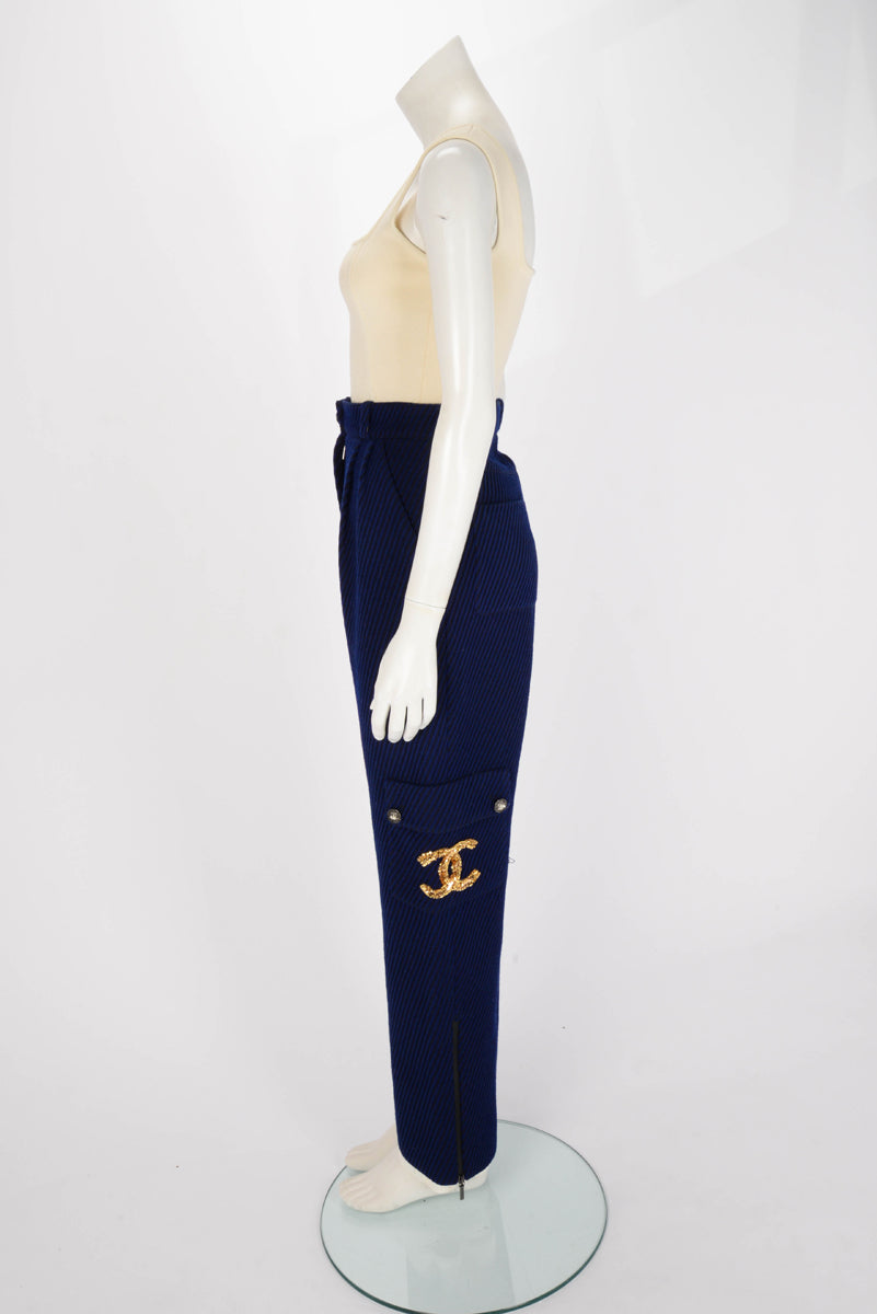 Chanel Blue & Black Wool Twill Gold Embroidered CC Pants FR 34