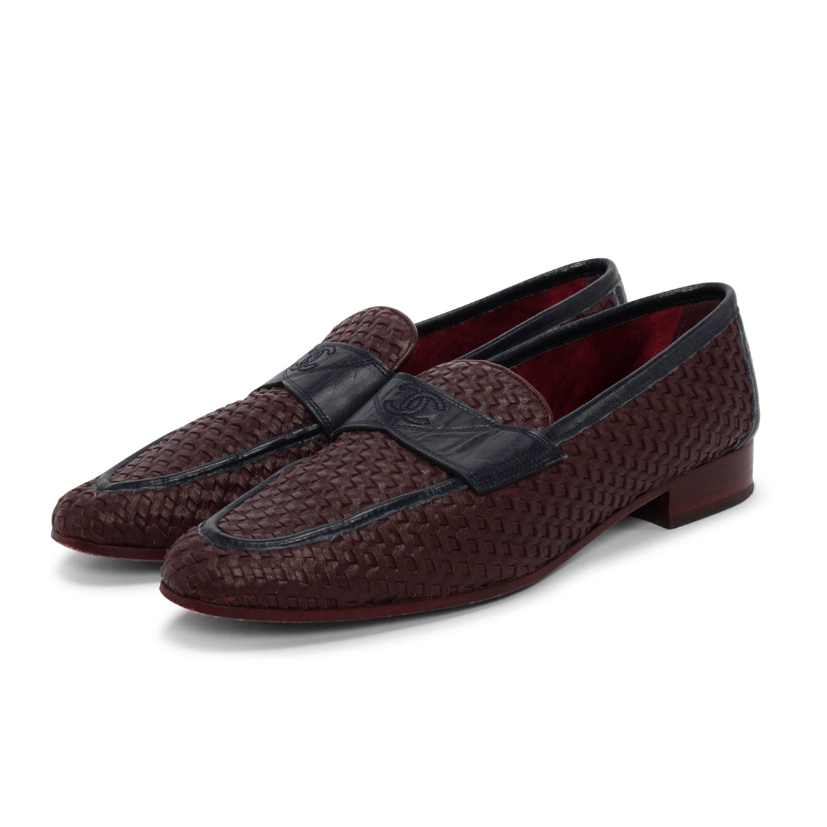 Chanel Burgundy & Navy Woven Leather CC Loafers 38.5