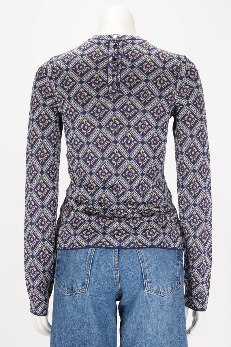 Paco Rabanne Blue Metallic Jacquard Knit Long Sleeve Top S