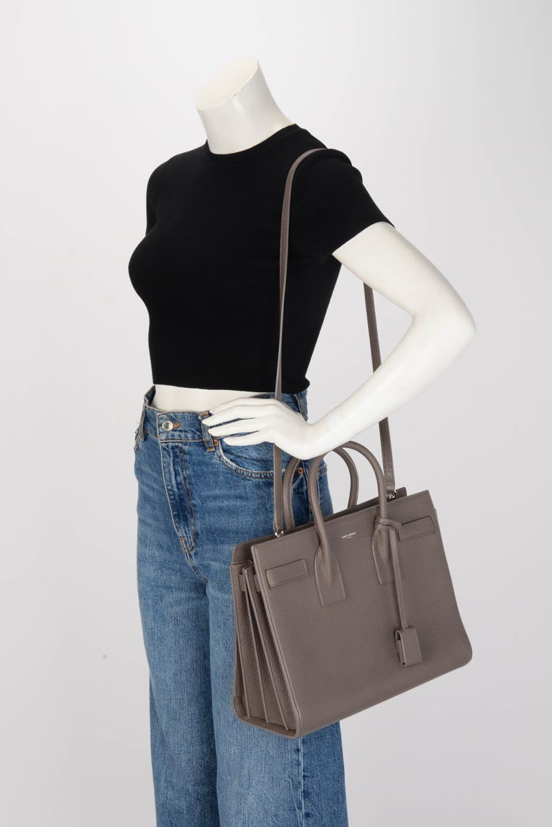 Saint Laurent Taupe Grained Calfskin Small Sac de Jour Tote