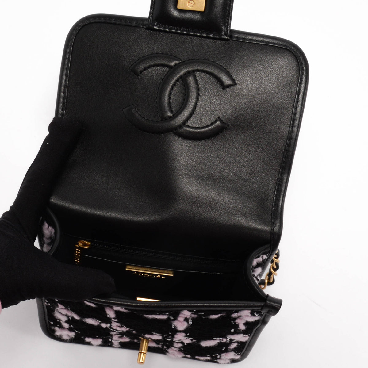 Chanel Black & Pink Tweed Mini Flap Bag with Handle
