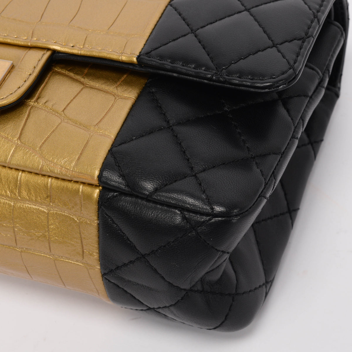 Chanel Black Lambskin Croc Embossed 2.55 Reissue 225 Flap Bag