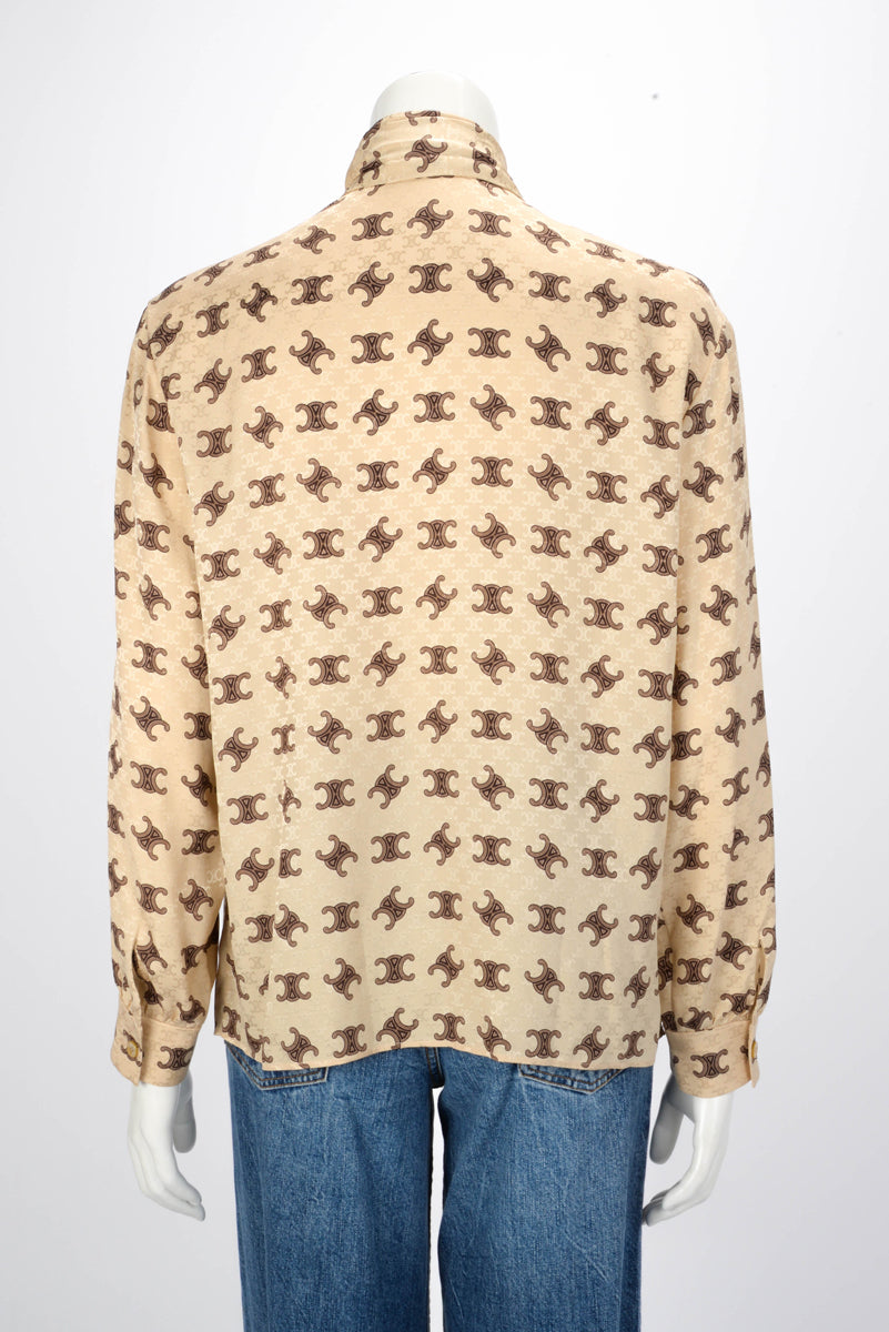 Celine Beige Silk Triomphe Tie-Neck Blouse FR 38