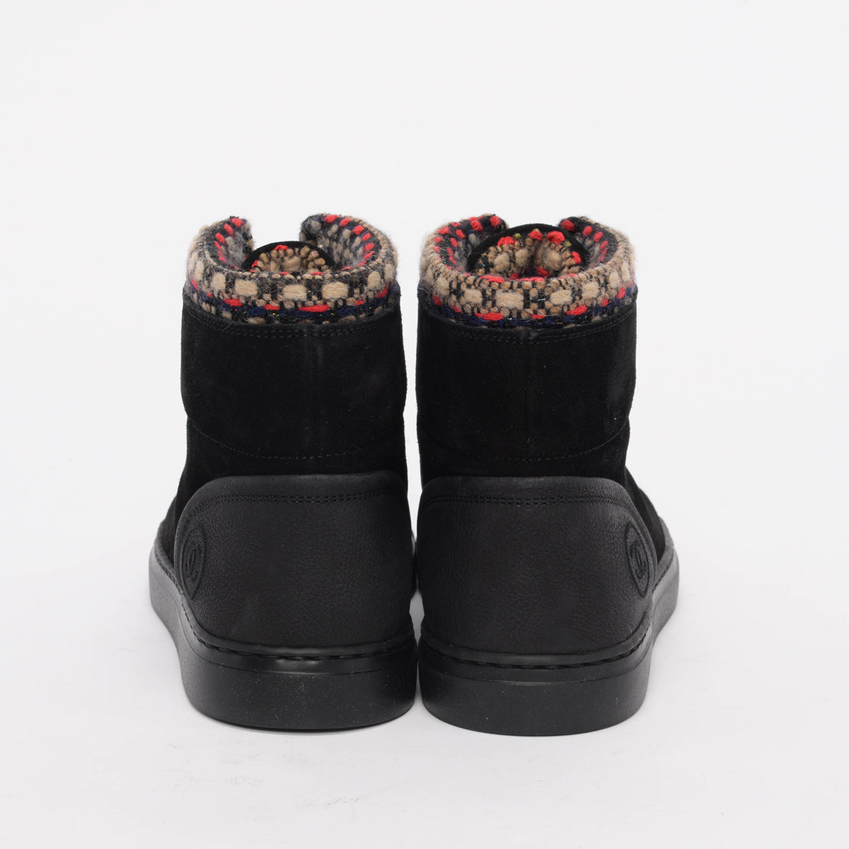 Chanel Black Suede Tweed Trim High-Top Sneakers 38