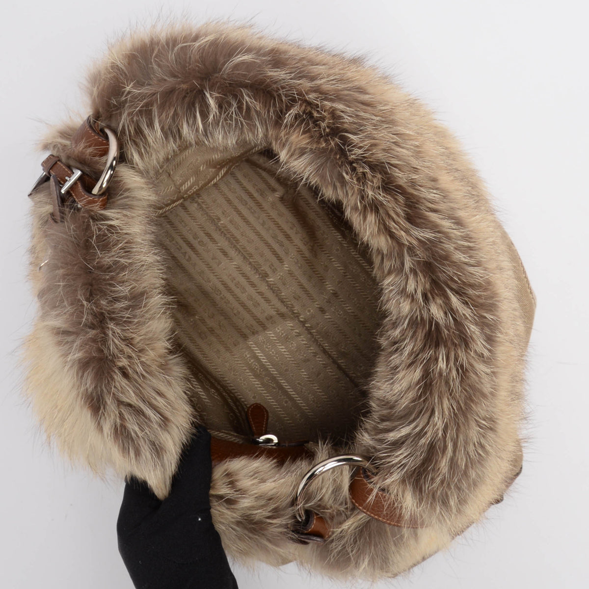 Prada Beige Logo Jacquard and Fur Hobo Bag