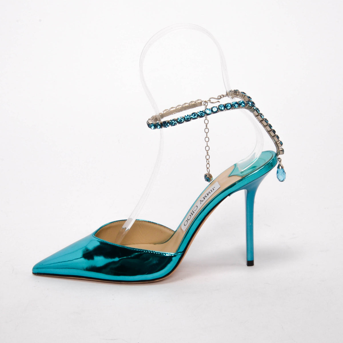 Jimmy Choo Blue Metallic Leather Crystal Saeda Pumps 38.5
