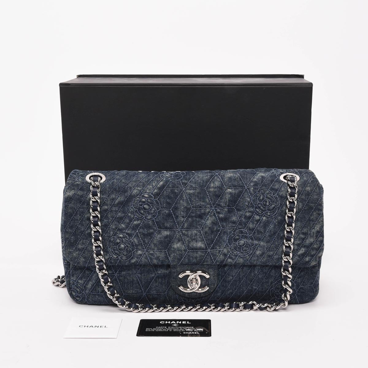 Chanel Dark Blue Denim Camellia Embroidered Large Flap Bag