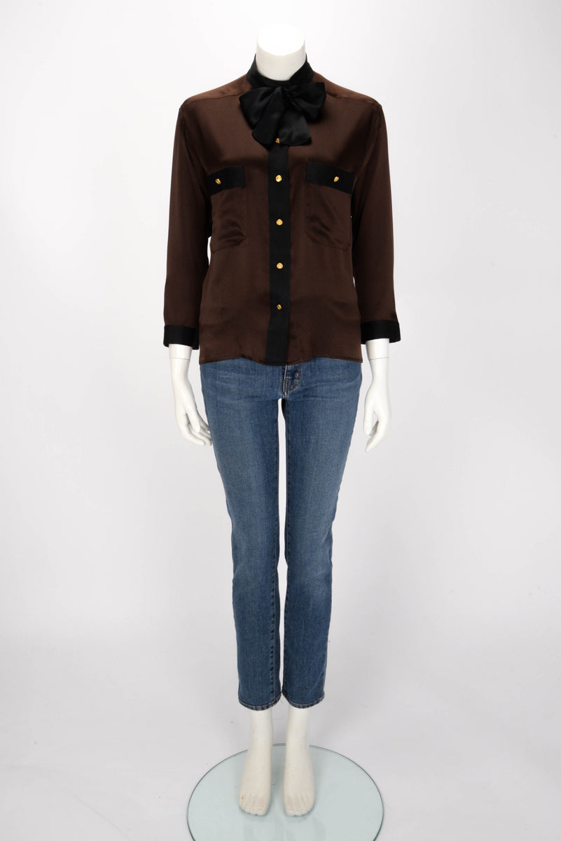 Chanel Brown Satin Tie Neck Blouse FR 38