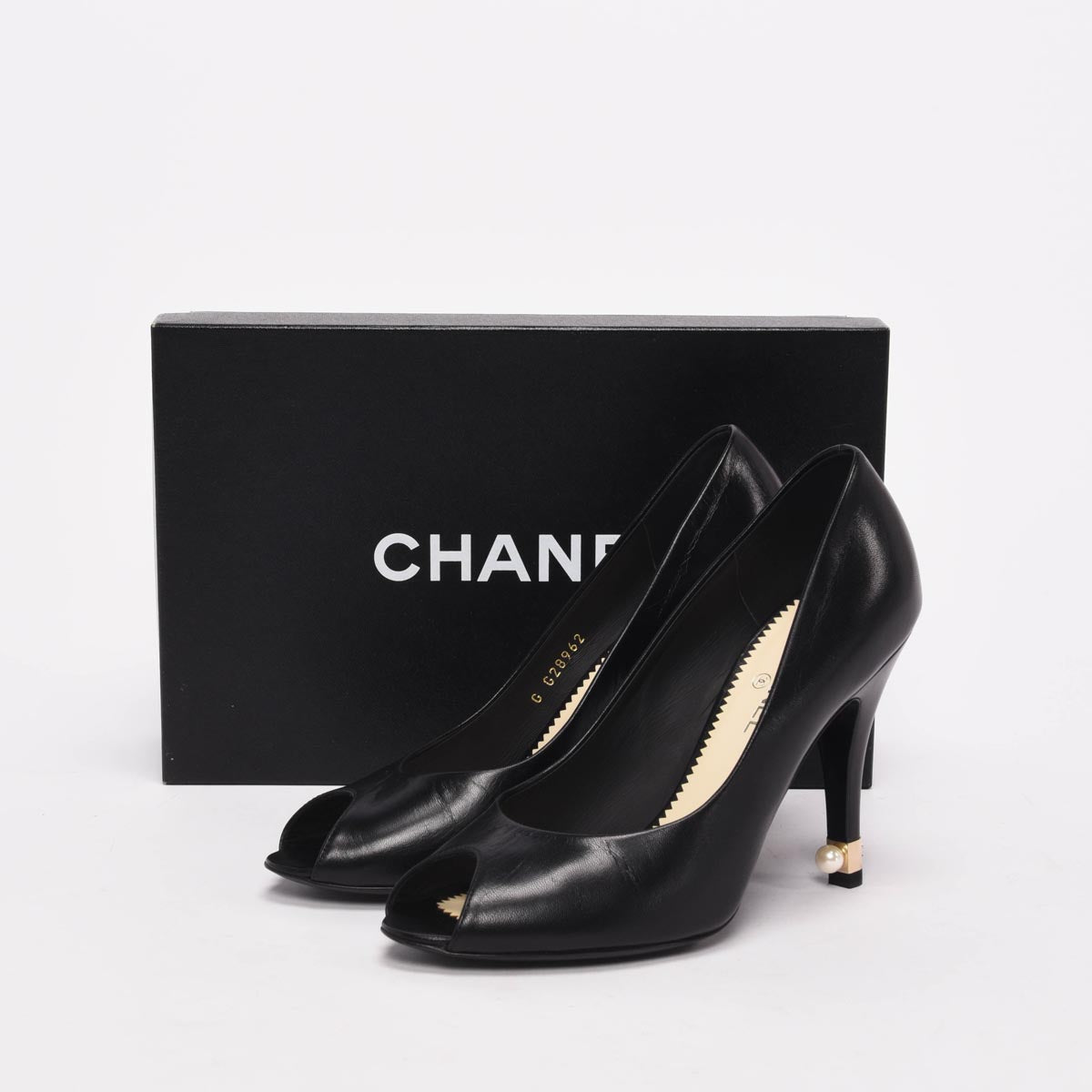 Chanel Black Lambskin Pearl Detail Peep Toe Pumps 37.5