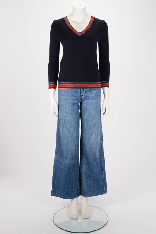 Gucci Navy Wool Web Detail Sweater S - Blue Spinach