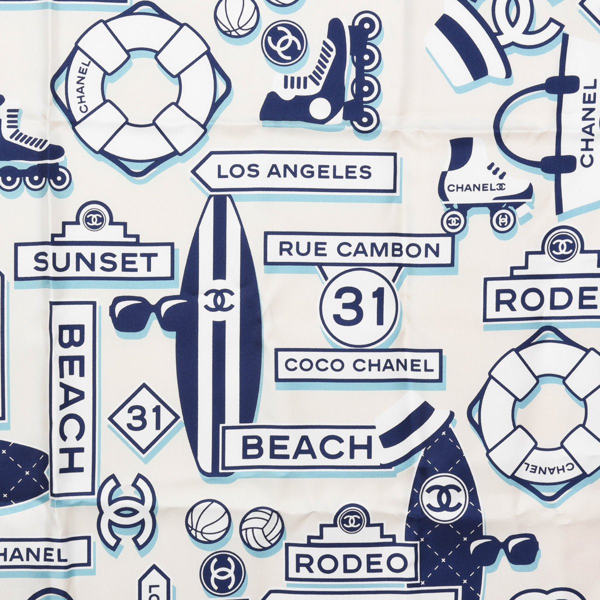 Chanel Ivory Silk CC Beach Logo Scarf