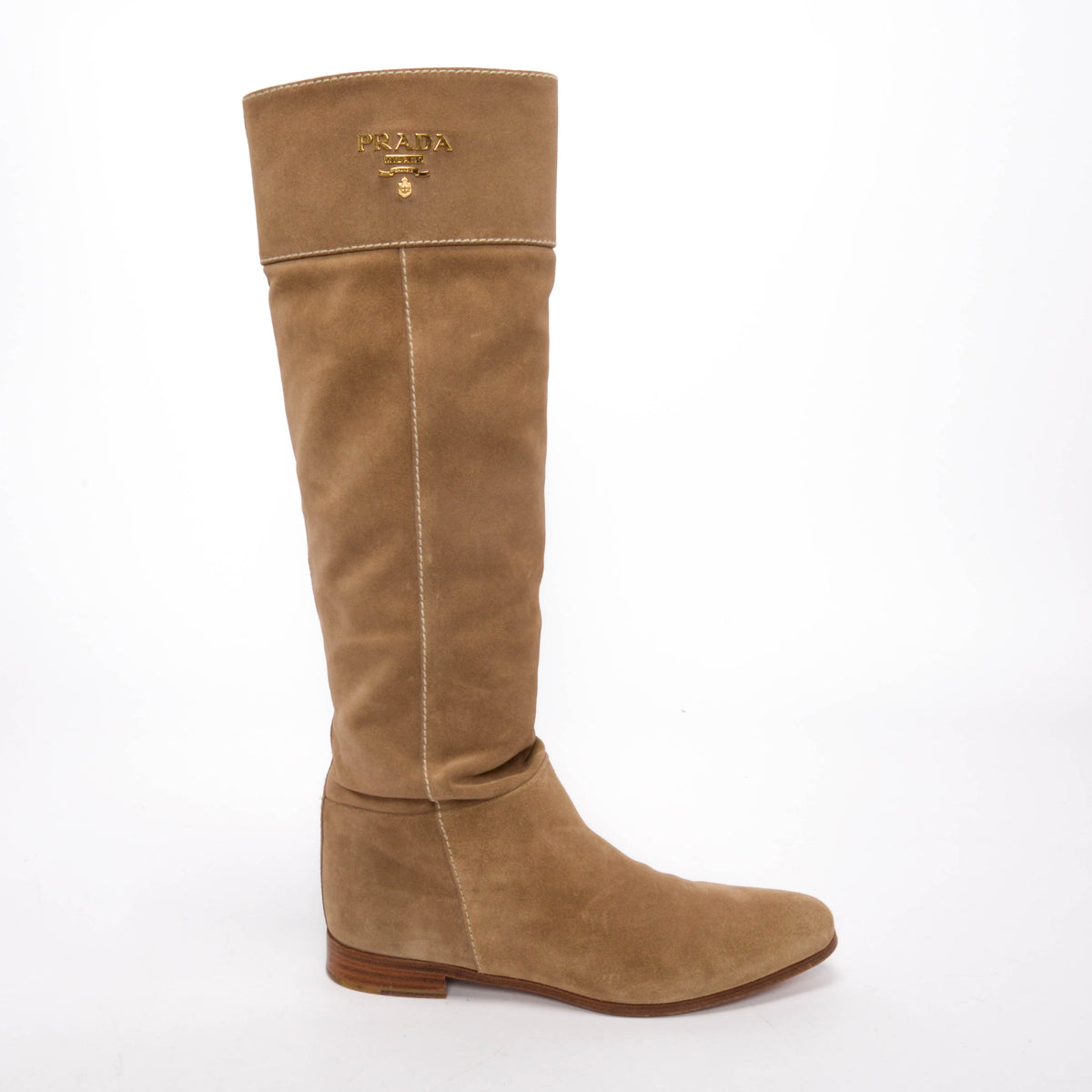 Prada Sand Suede Knee High Flat Boots 38