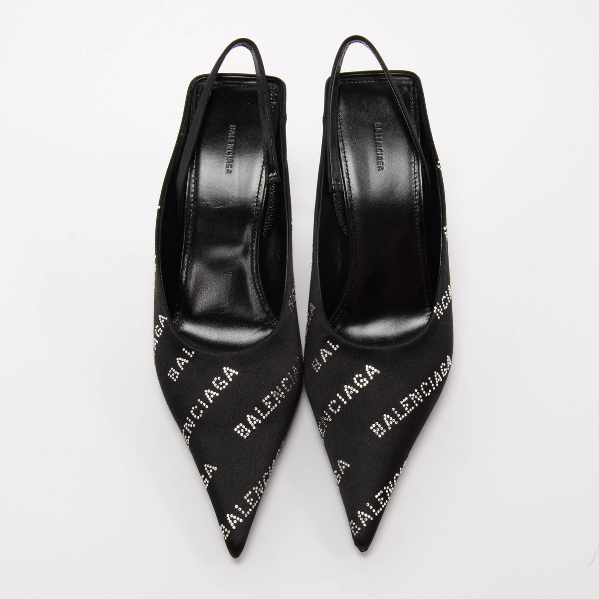 Balenciaga Black Satin Square Knife Crystal Logo Slingbacks 38