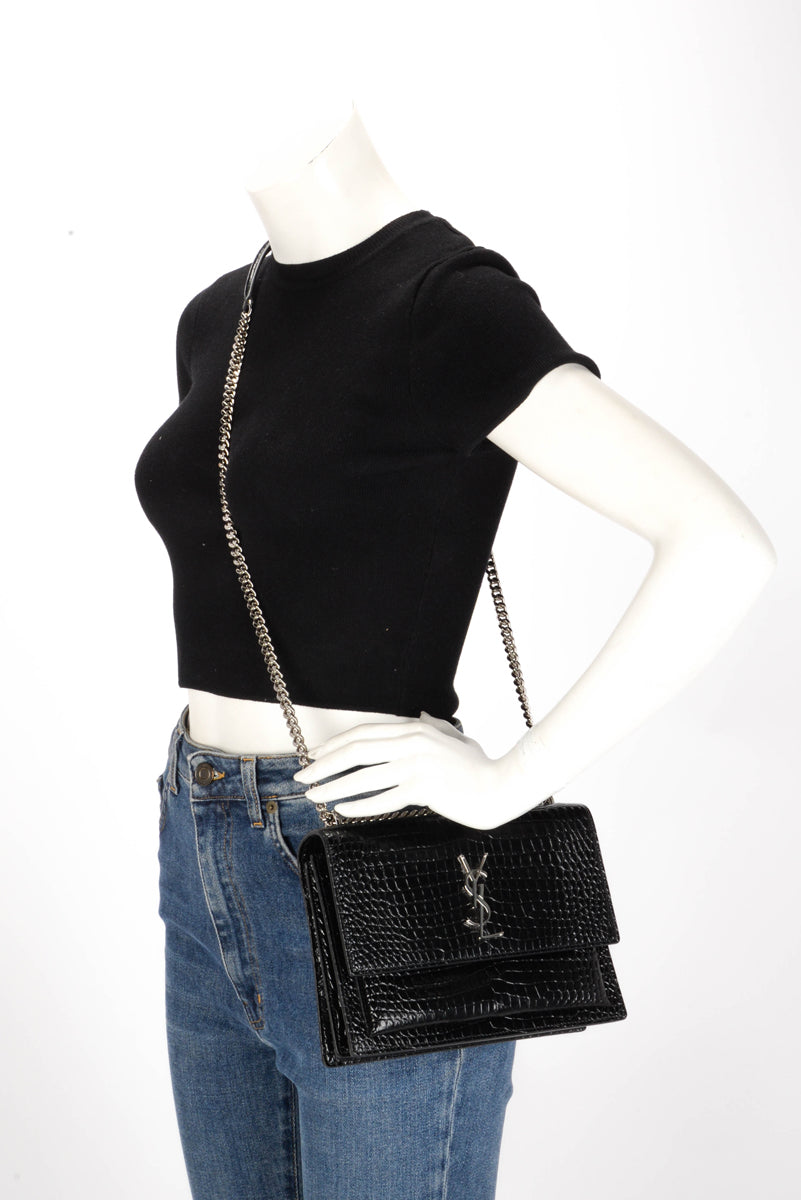 Saint Laurent Black Croc Embossed Medium Sunset Bag