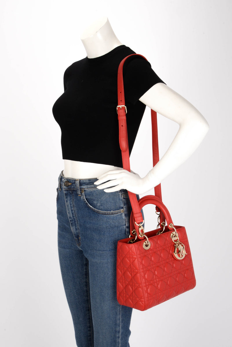Dior Red Lambskin Cannage Medium Lady Dior Bag