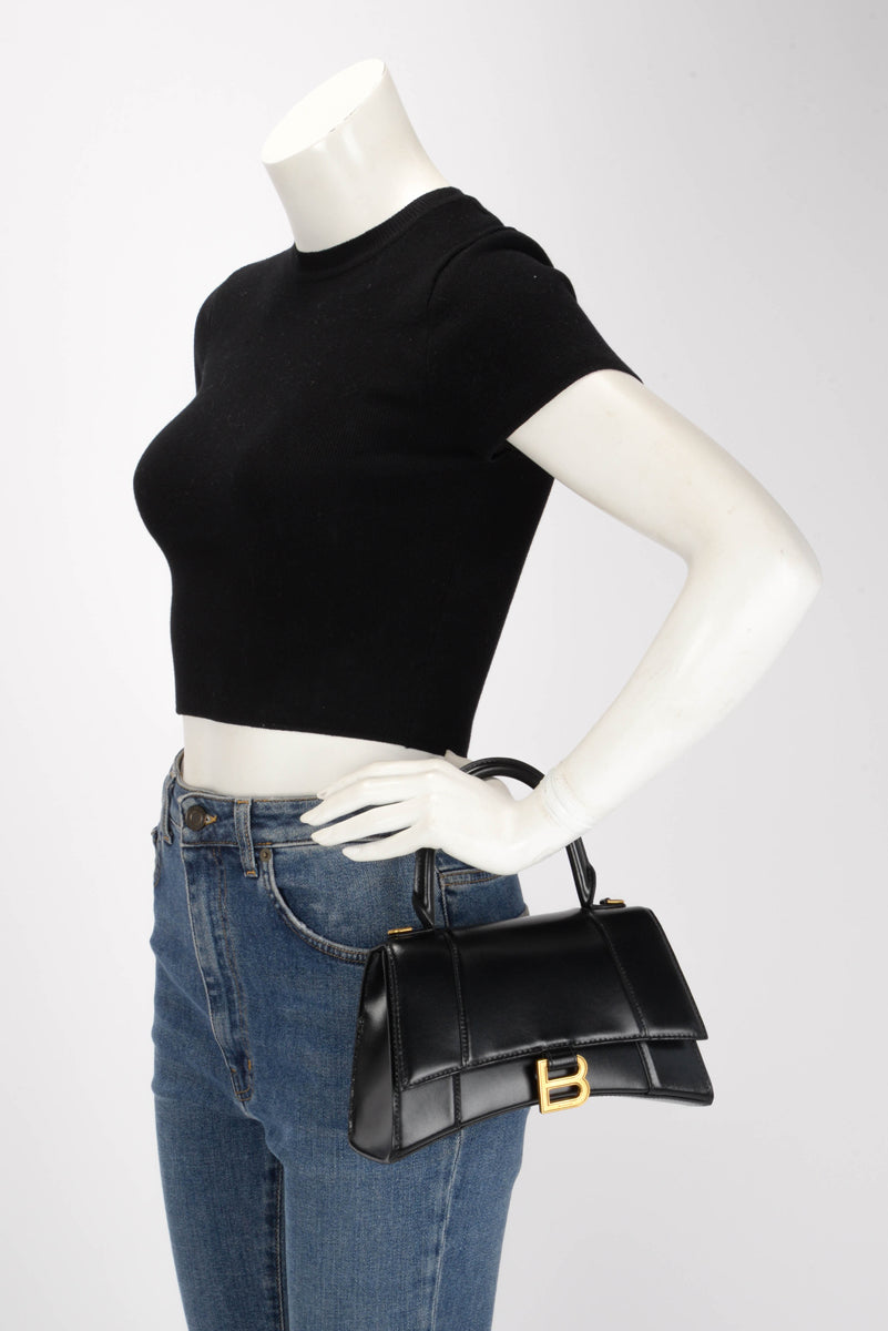 Balenciaga Black Shiny Box Calf Small Hourglass Bag