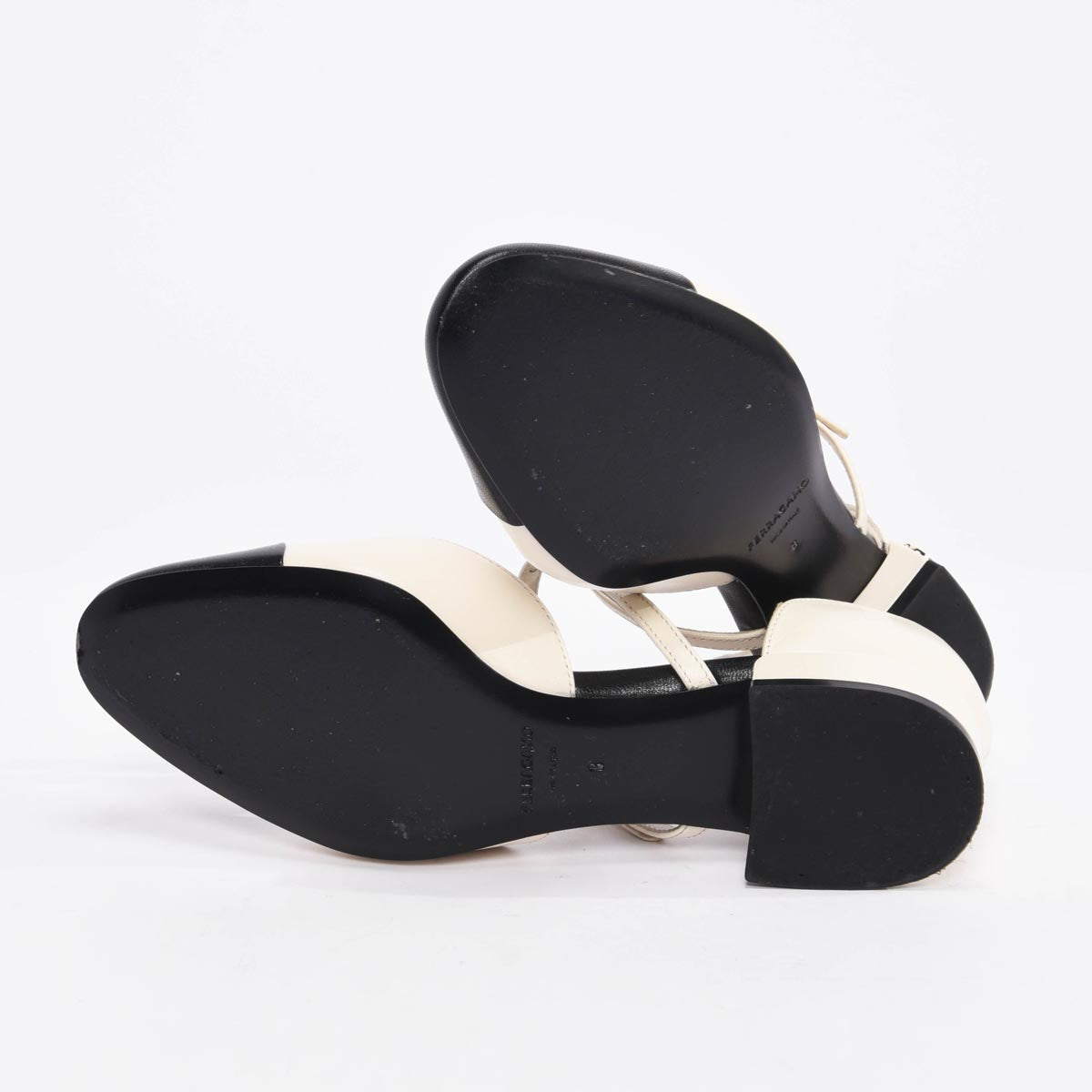 Ferragamo White & Black Goatskin Linette Cap Toe Mary Janes 6