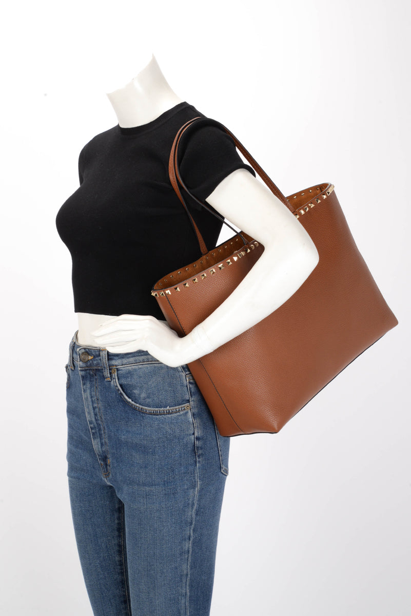 Valentino Tan Grainy Calfskin Rockstud Tote
