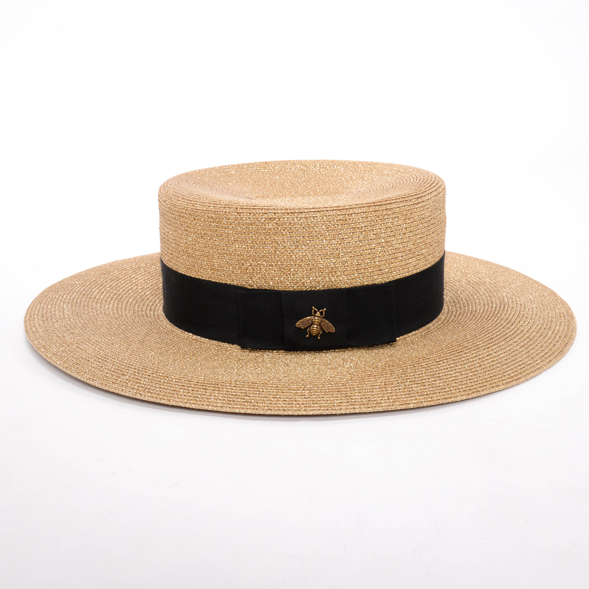 Gucci Gold Straw Bee Embellished Boater Hat