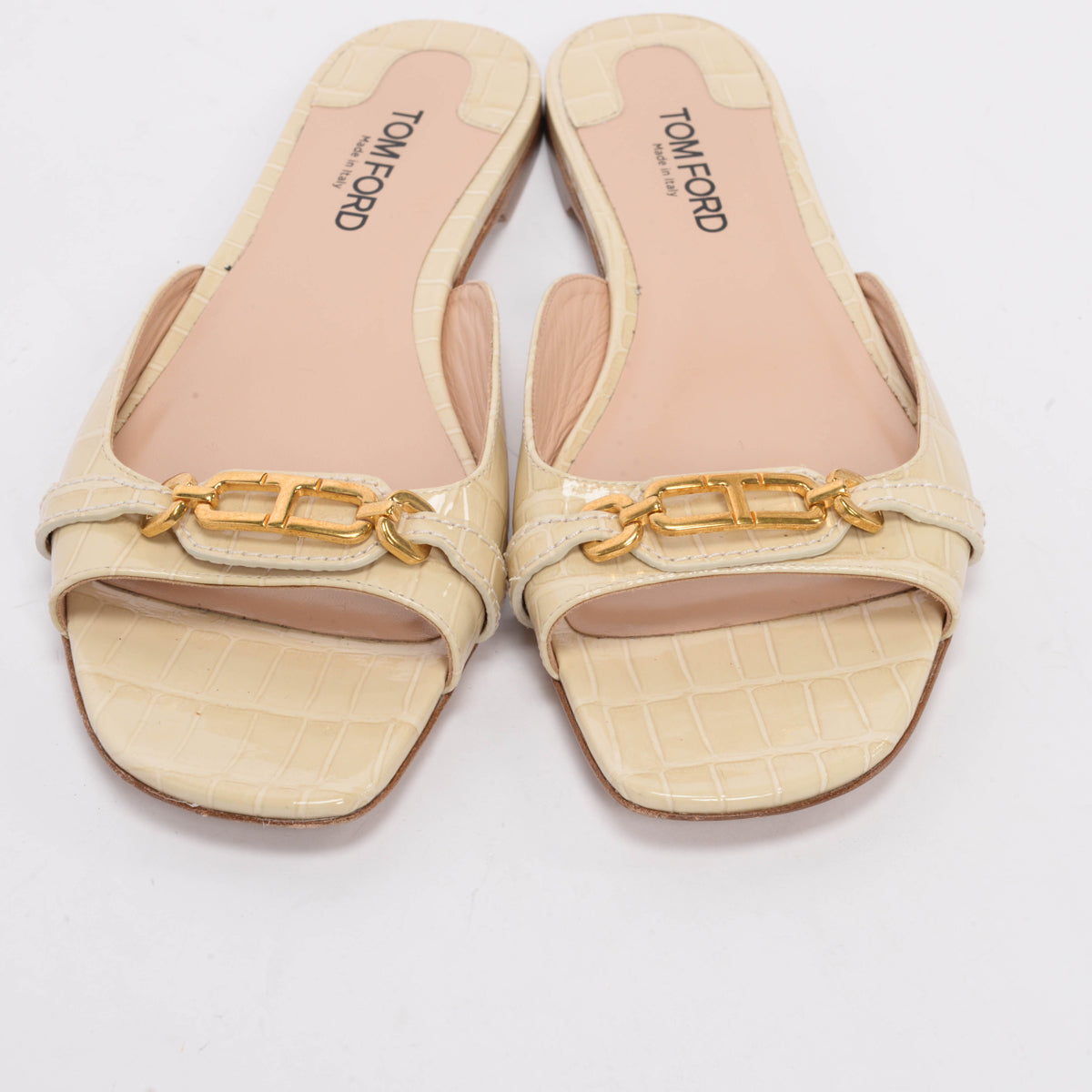 Tom Ford Beige Patent Croc Open Toe Flats 39