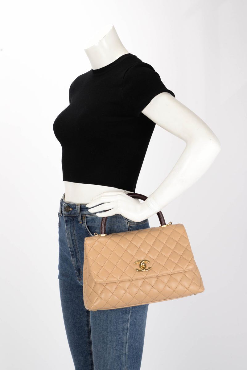 Chanel Beige & Burgundy Caviar & Lizard Medium Coco Handle Bag