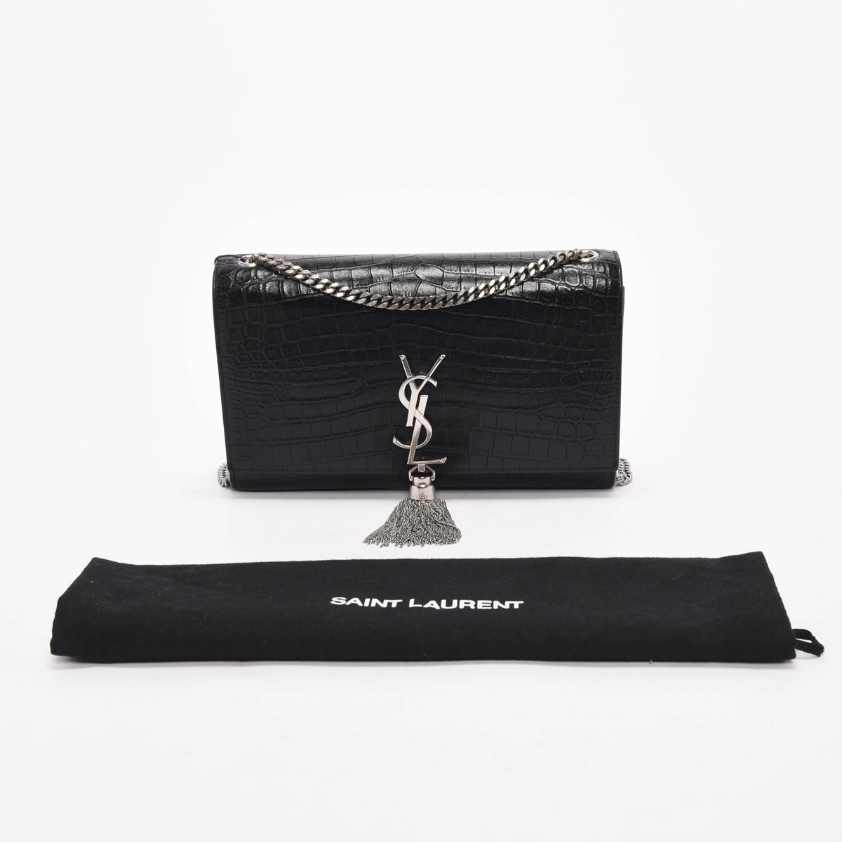 Saint Laurent Black Croc Embossed Medium Kate Tassel Bag