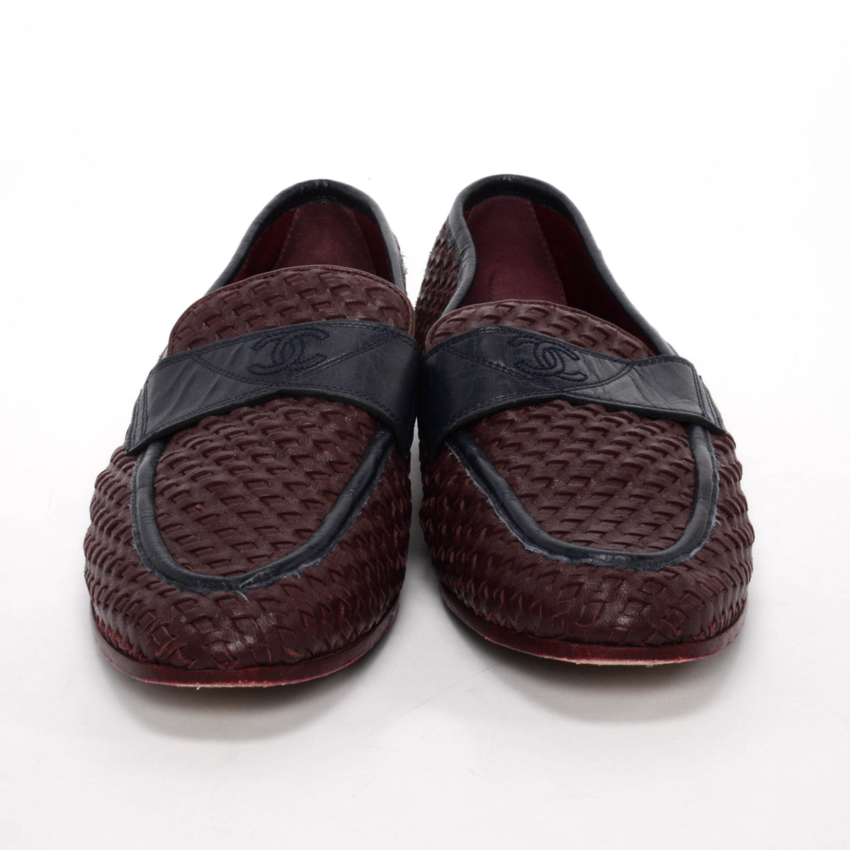 Chanel Burgundy & Navy Woven Leather CC Loafers 38.5