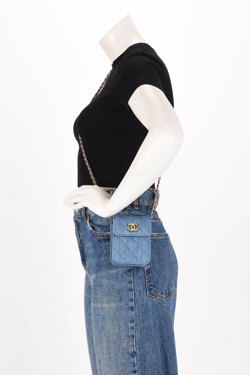 Chanel Blue Quilted Denim Flap Clutch With Chain