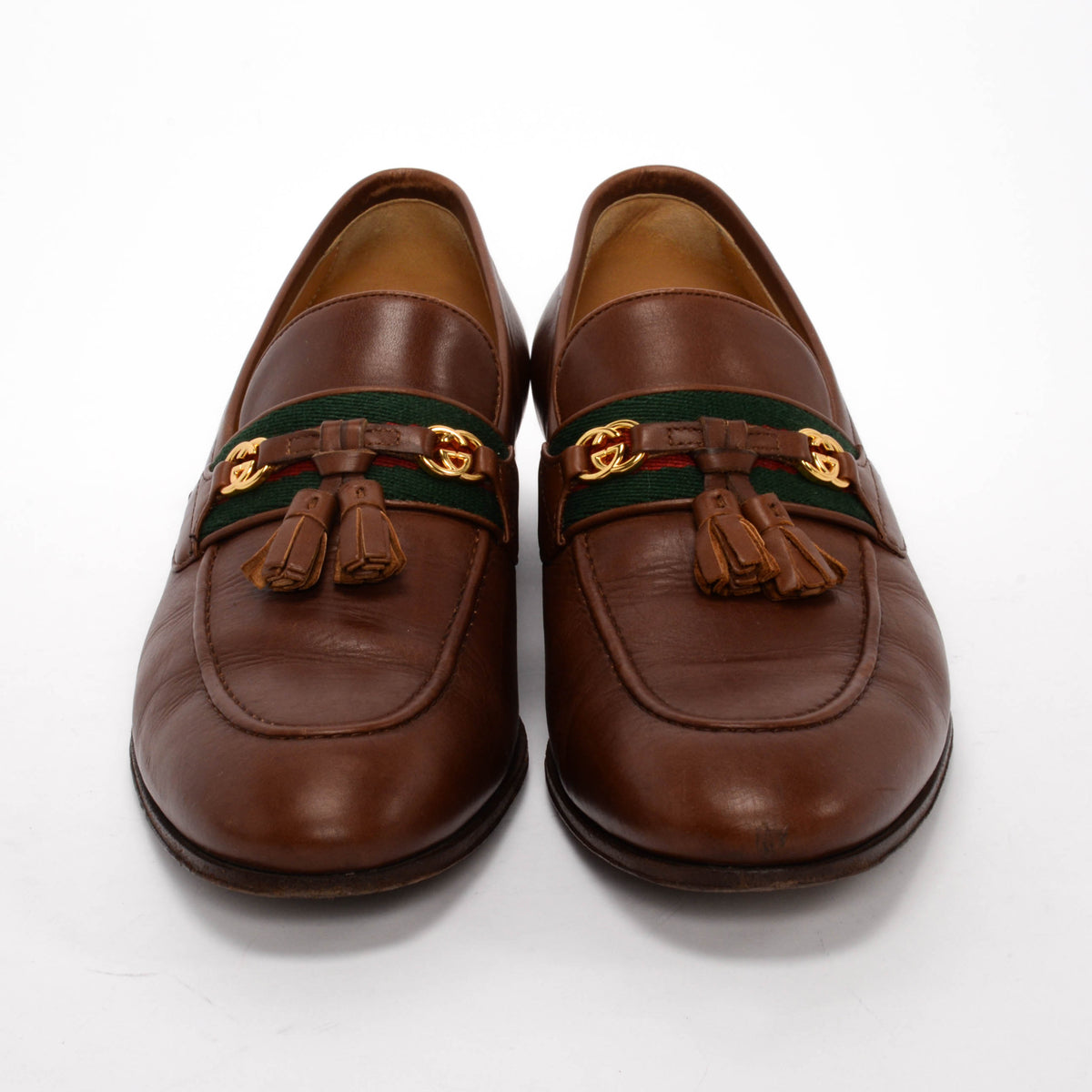 Gucci Brown Leather Paride Web Stripe Loafers 39.5