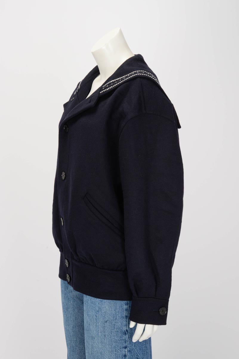 Dior Navy Wool Pearl Embellished Logo Jacket FR 36