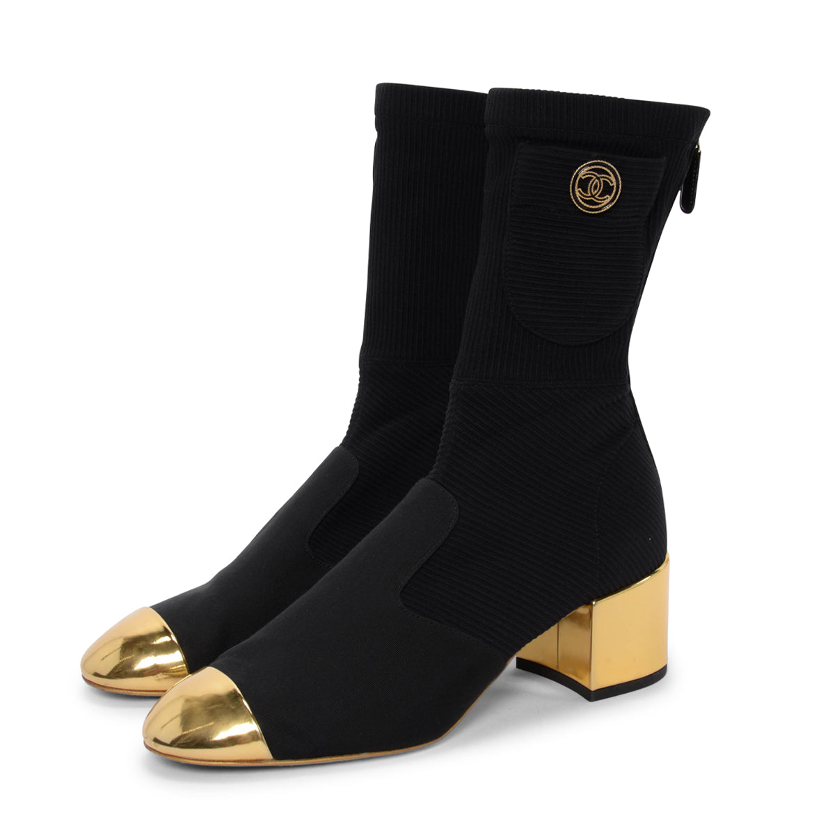 Chanel Black & Gold Knit CC Pocket Sock Boots 39