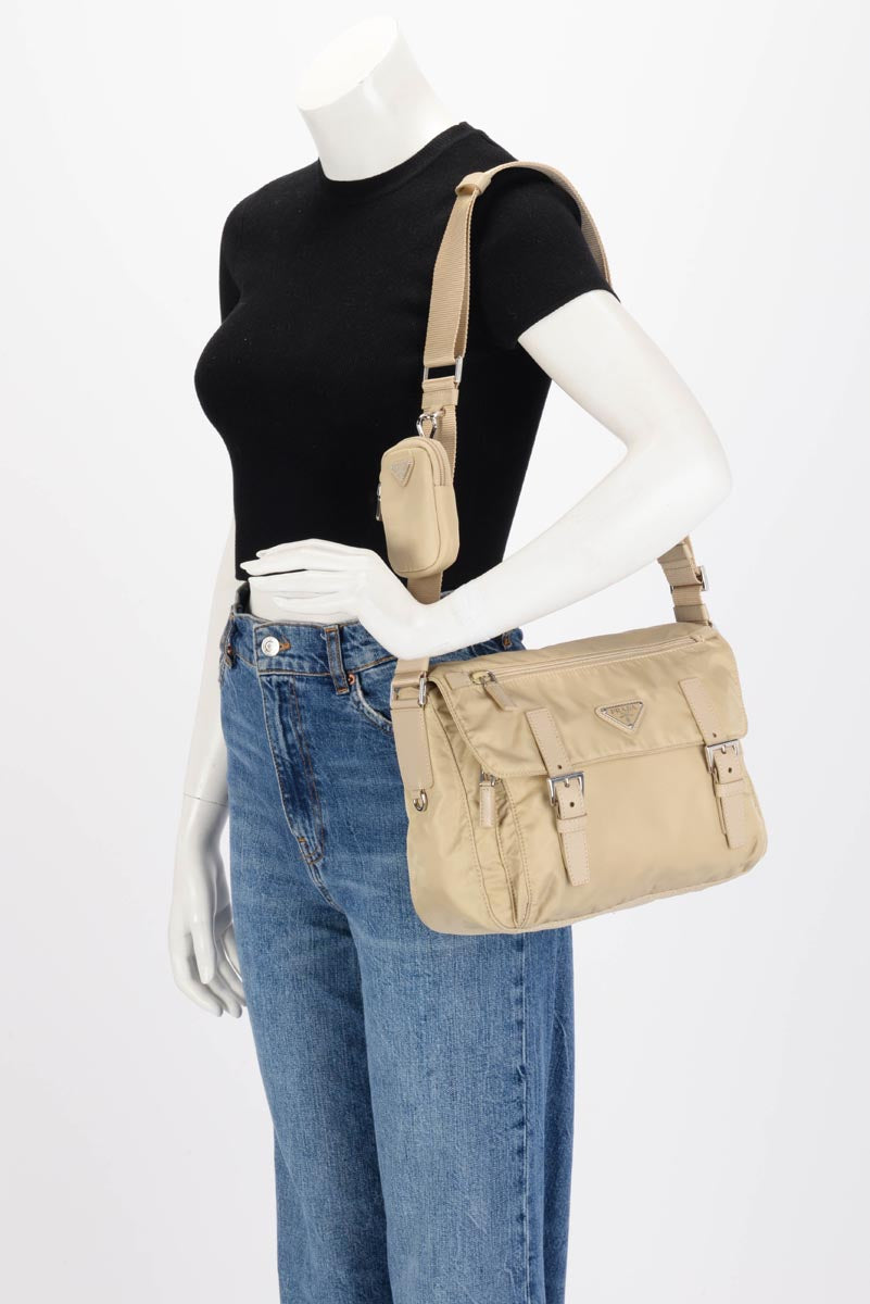 Prada Beige Re-Nylon Double Buckle Messenger Bag